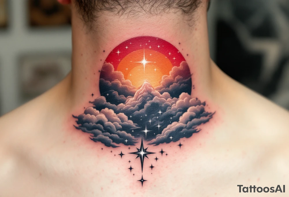 Inked in a burning gradient from red to orange, the quote “Through hardships to the stars” rises over storm clouds into twinkling silver stars. tattoo idea
