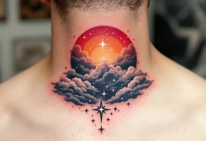 Inked in a burning gradient from red to orange, the quote “Through hardships to the stars” rises over storm clouds into twinkling silver stars. tattoo idea