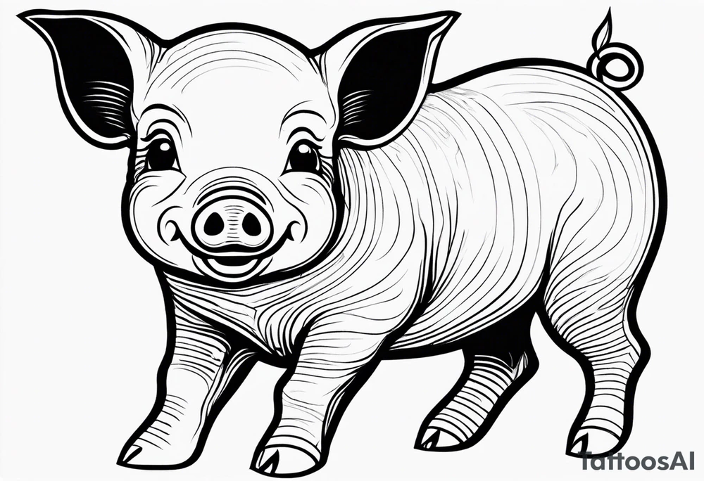very cute happy piglet.
outline only.
black and white only.
only show the piglet. no extra lines or decoration.
no black shading.
dont make the ears too big.
draw very thin lines tattoo idea