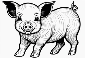 very cute happy piglet.
outline only.
black and white only.
only show the piglet. no extra lines or decoration.
no black shading.
dont make the ears too big.
draw very thin lines tattoo idea