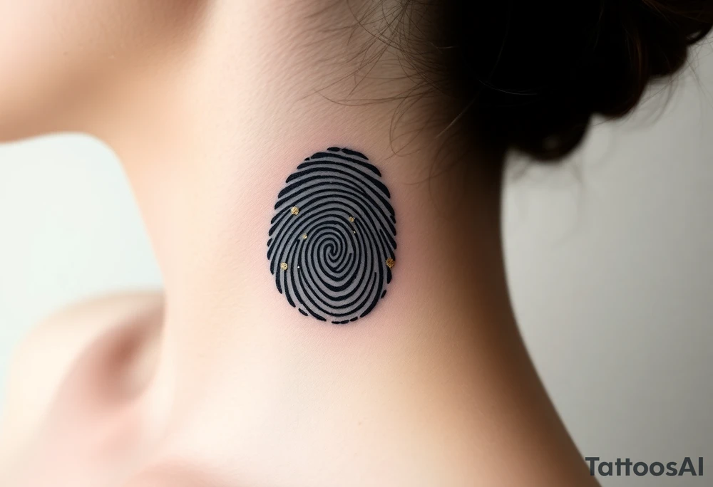 A single bold black fingerprint with delicate gold flakes scattered throughout, creating a unique textured effect tattoo idea