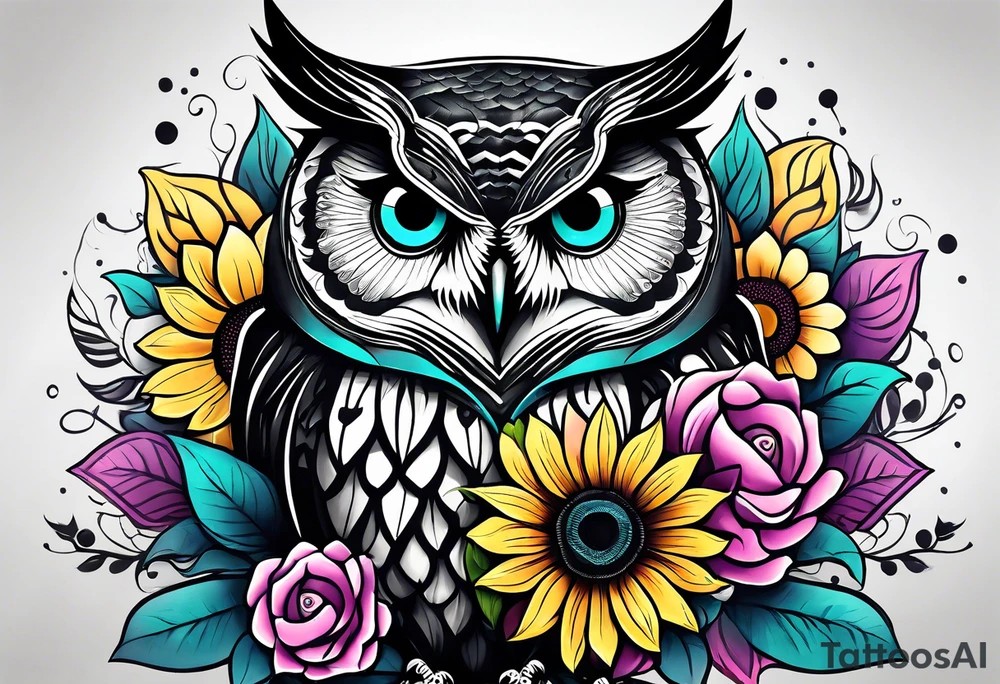 Leg Sleeve with black and white owl that's lightly shaded teal, pink and purple and yellow sunflowers tattoo idea