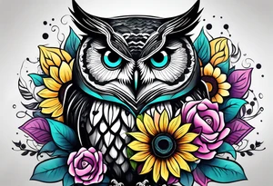Leg Sleeve with black and white owl that's lightly shaded teal, pink and purple and yellow sunflowers tattoo idea