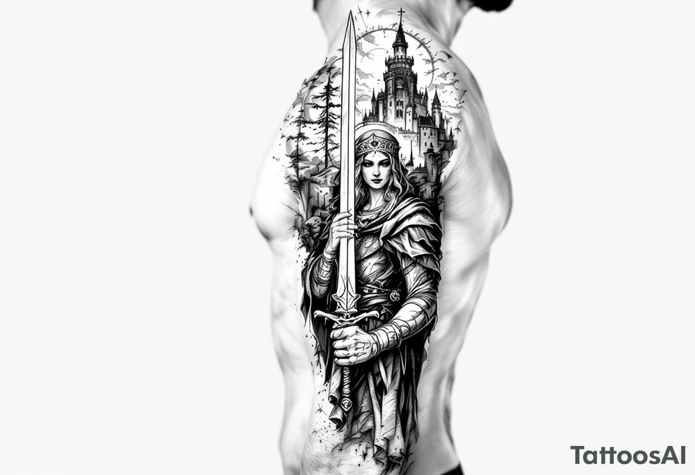 Saint Barbara holding sword with castle tower in the back tattoo idea