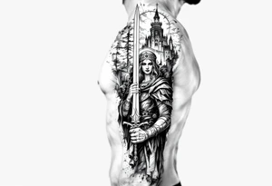 Saint Barbara holding sword with castle tower in the back tattoo idea