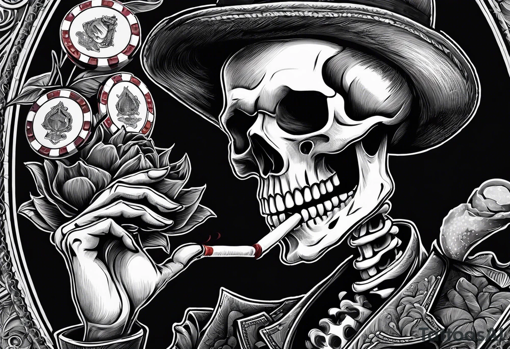 Phrase: "Don't deal with the devil"
skeleton smoking cigar with poker chips, dealing the cards tattoo idea