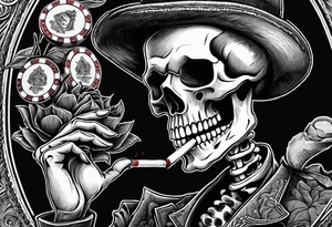 Phrase: "Don't deal with the devil"
skeleton smoking cigar with poker chips, dealing the cards tattoo idea