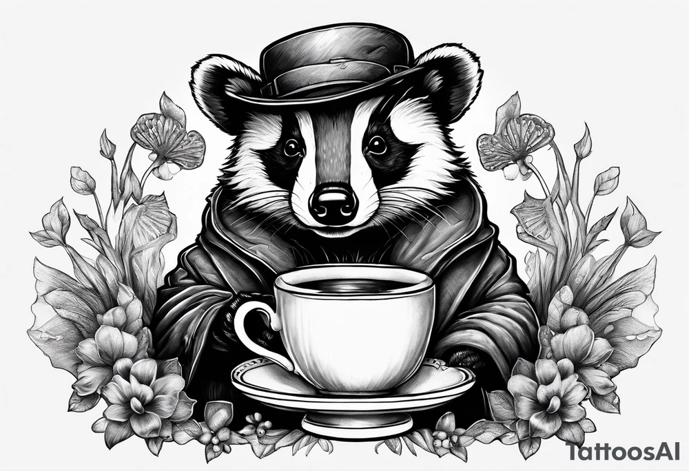 Badger in a coat with a teacup sitting on a mushroom tattoo idea