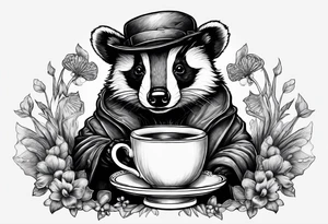 Badger in a coat with a teacup sitting on a mushroom tattoo idea