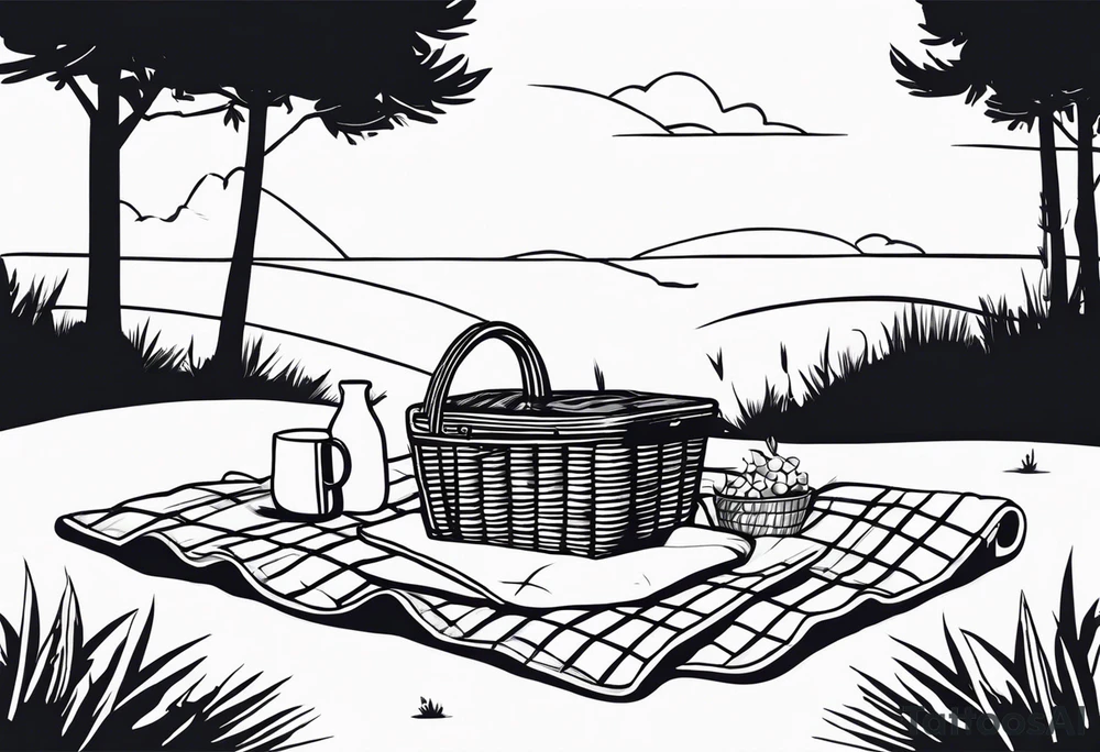 picnic scene in nature with a shecker blanket, a picnic basket and pillows. no food tattoo idea