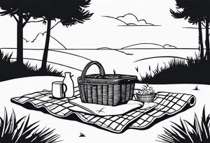 picnic scene in nature with a shecker blanket, a picnic basket and pillows. no food tattoo idea
