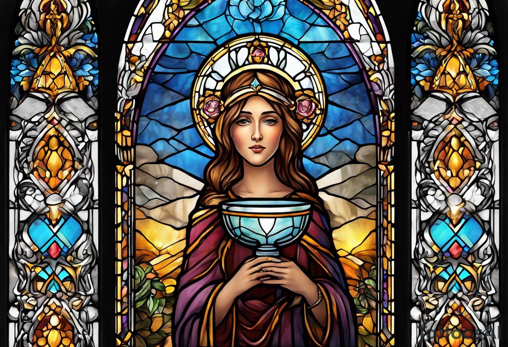 holy saint woman with halo stained glass holding a chalice tattoo idea