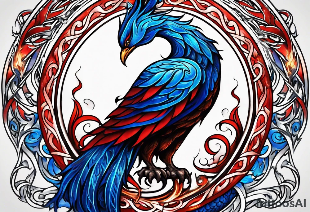 Blue and red Phoenix in a triquetra with flames tattoo idea