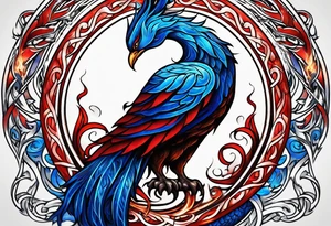 Blue and red Phoenix in a triquetra with flames tattoo idea