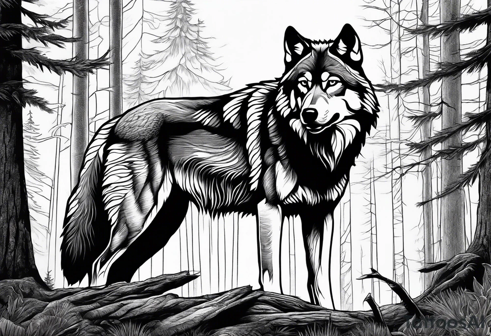 Detailed powerful Wolf in Front of a scary forest tattoo idea