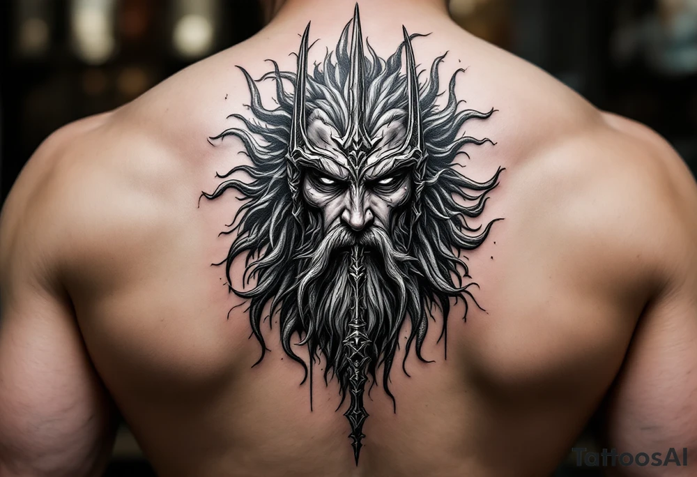 poseidon face behind trident tattoo idea