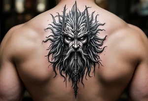 poseidon face behind trident tattoo idea