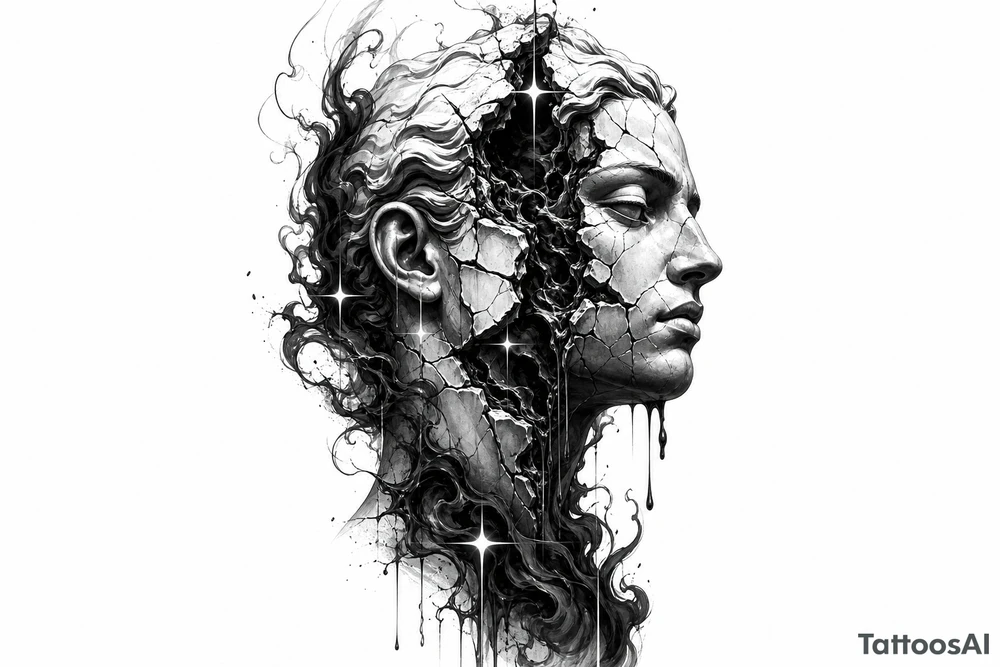 Black and grey tattoo design of a broken marble statue face split down the middle, side view profile, realistic shattered porcelain effect, dark wispy smoke and liquid pouring out of the cracks, Chicano tattoo shading, heavy blackwork background, sharp 4-point sparkle stars, high contrast, clean white background, detailed tattoo stencil style on side neck tattoo idea