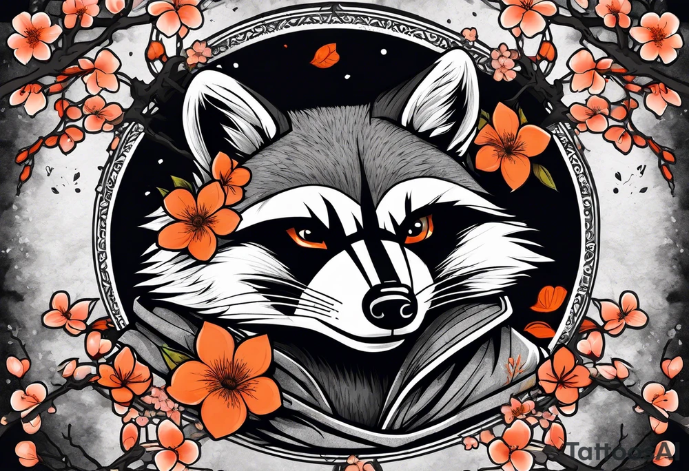 Raccoon wearing a white Superman logo on a black hoodie and orange Japanese cherry blossoms tattoo idea