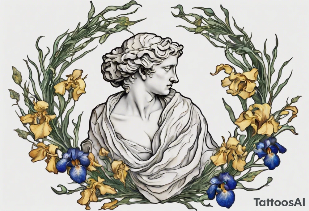 Create a colorful Vincent van Gogh Irises tattoo with an ancient Greek female statue in the middle in white marble. The tattoo should take the form of a crescent, with vines gracefully intertwining at a central point in the middle of the wreath.  The intended placement is on the upper chest. The overall design should be small in size while maintaining a delicate and artistic aesthetic. Pay attention to the graceful flow of the vines and the placement of the irises to achieve a refined and elegant look. tattoo idea