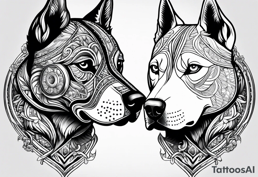 husky and pitbull facing away tattoo idea