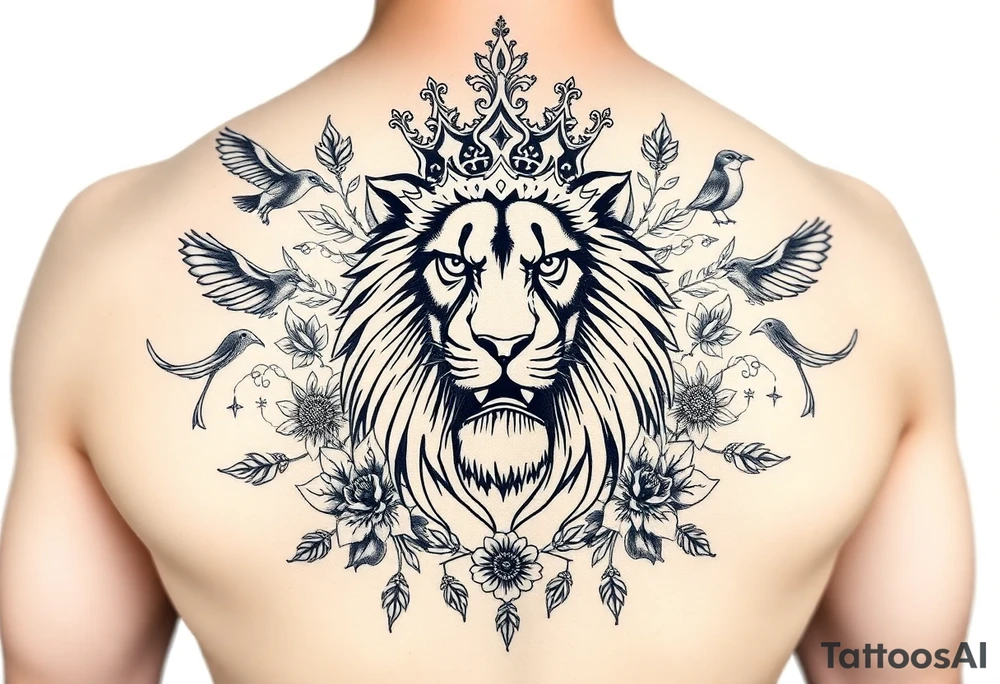 powerful majestic lion with a crown, surrounded by floral ornaments and birds tattoo idea