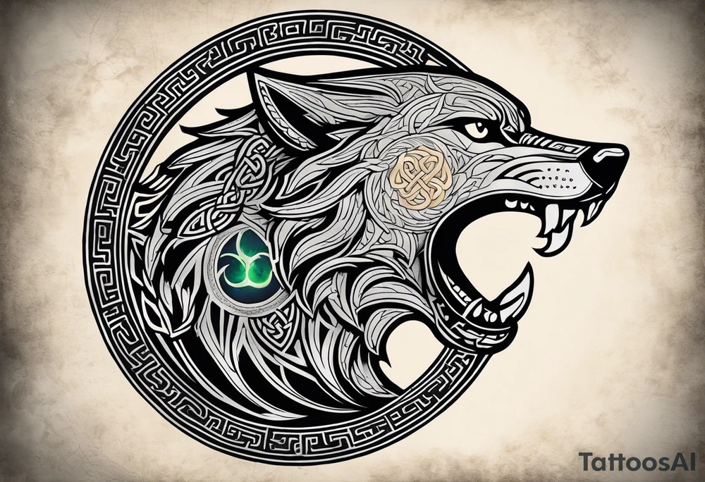 A powerful tattoo design combining Nordic, Greek, and Celtic symbols to represent someone who made you believe in humanity's goodness, only to turn out to be its ultimate betrayer. The centerpiece is a snarling wolf, symbolizing Fenrir, with glowing eyes and an open mouth, representing betrayal and destruction. Surrounding the wolf is the Ouroboros, a serpent eating its own tail, symbolizing the endless cycle of trust and betrayal. The Triskelion, with its three interlocking spirals, appears in the background or as a border, representing the shifting balance between light and dark. Incorporate fire and ice elements to reflect the contrast between warmth (trust) and coldness (betrayal), with Celtic knotwork and runes adding ancient, mystical depth to the design. tattoo idea