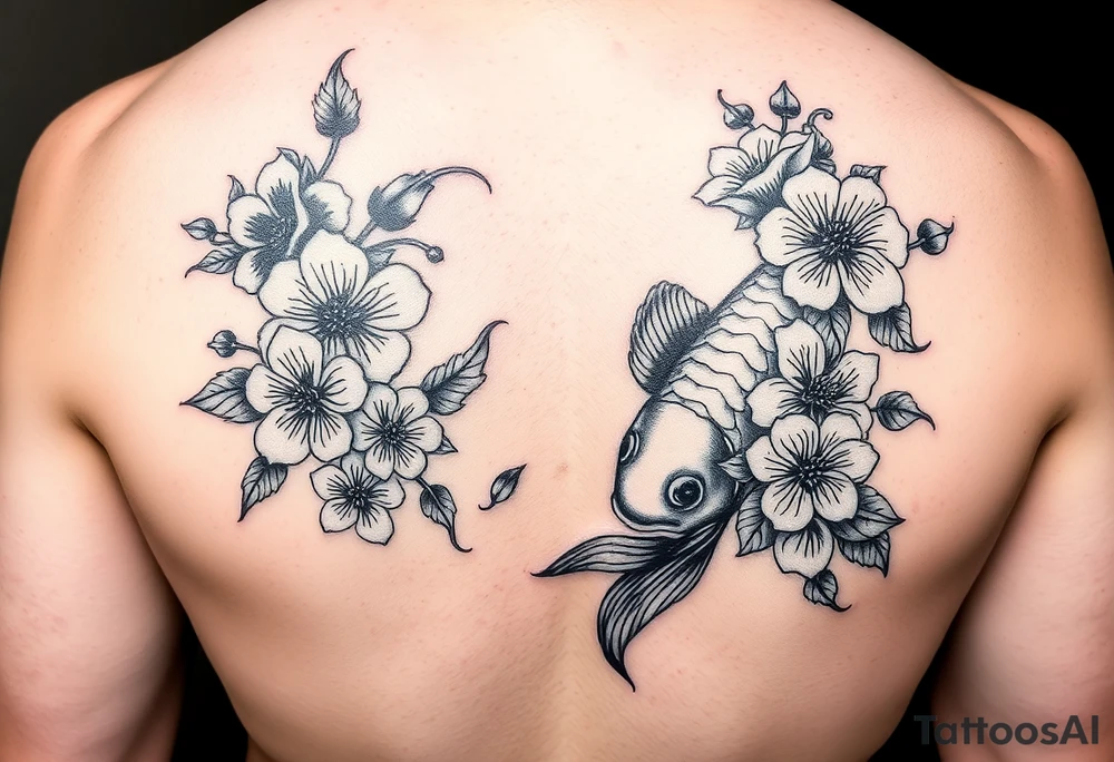2004 in bold with small koi fish and Japanese blossoms tattoo idea