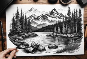 Small campfire on the coast of a mountain stream, in the back is some evergreen tall trees tattoo idea