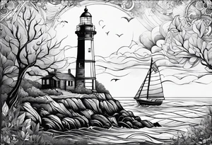 phare maritime dans un bateau entouré de voiles. tattoo idea