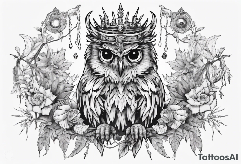 Demon crowned Owl surrounded by poisonous plants, crystals and astrology. tattoo idea