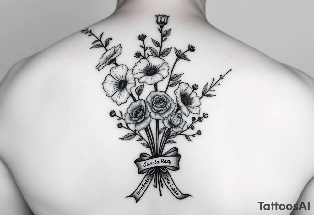 black and white tattoo with a bouquet of hollyhocks, one wild rose, and two wild flowers. Put a stethoscope along side seperately from the bouquet. Include three names among the flowers: June Etta, Roxy, and Rosalie. make the bouquet have a ribbon bow towards the bottom holding the flowers like they had just been picked from the garden tattoo idea