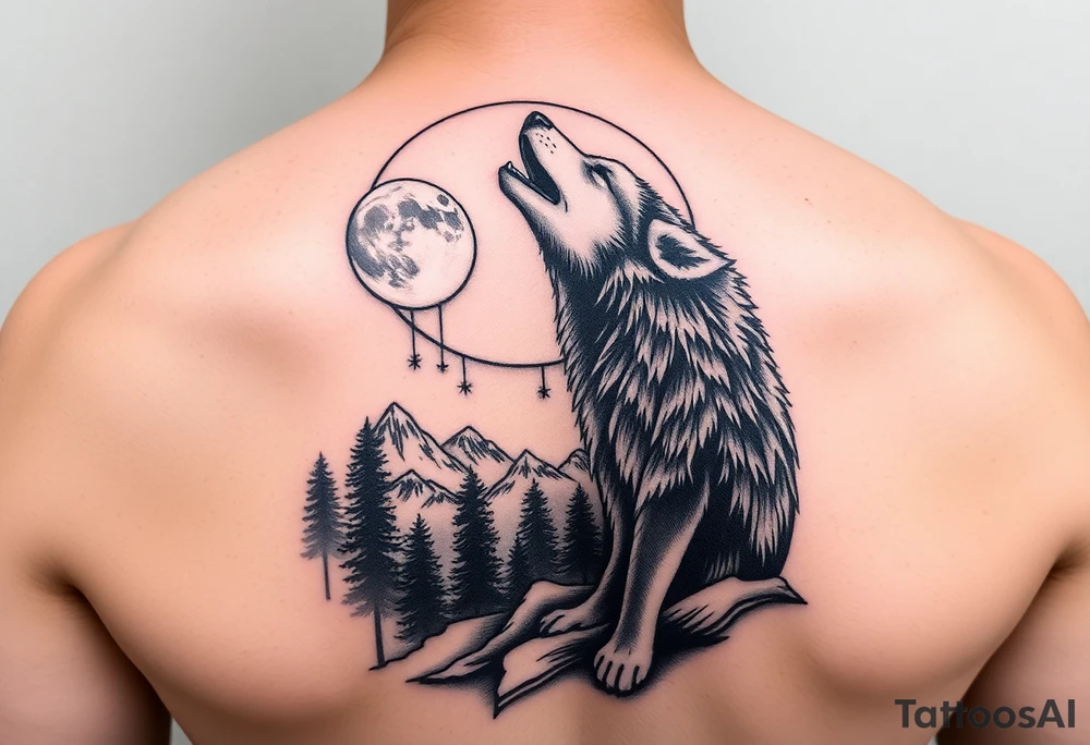 lone wolf howling at full moon with northern lights backdrop tattoo idea