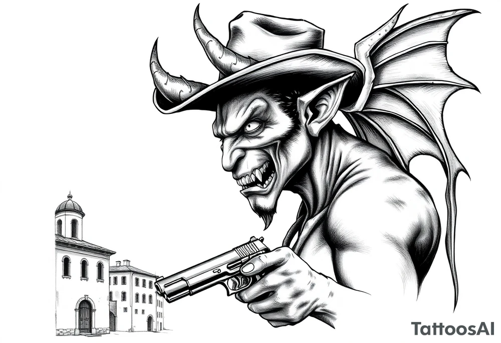 a demon with cowboy-hat ,a gun in a hand, old buildings in the background. tattoo idea