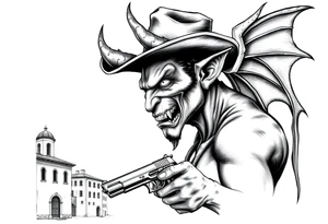 a demon with cowboy-hat ,a gun in a hand, old buildings in the background. tattoo idea