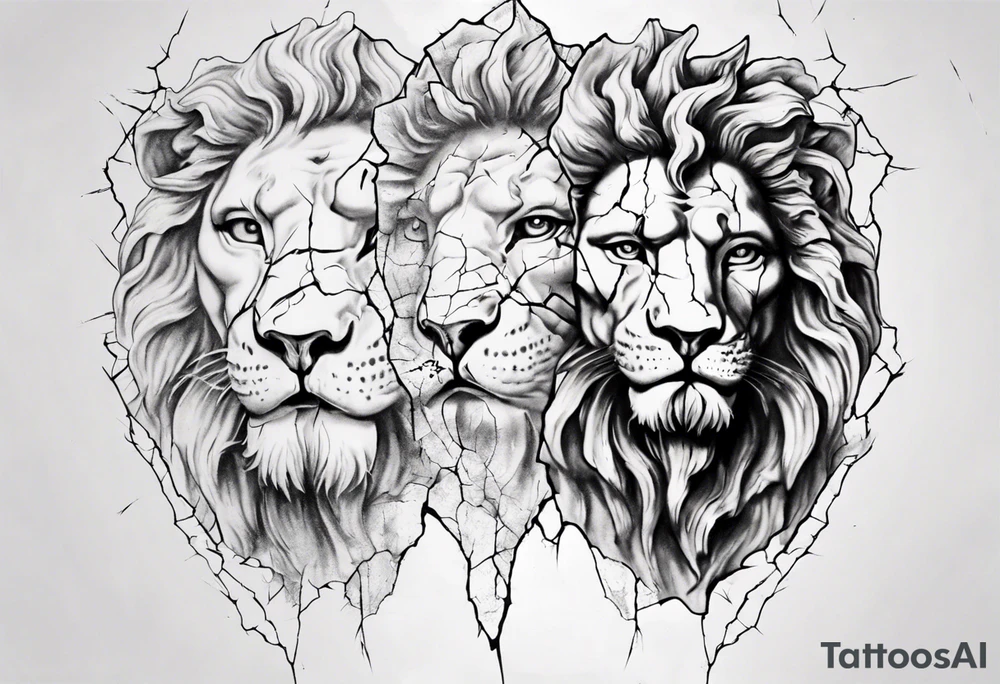 cracked Face of david statue with lion features in the cracks tattoo idea