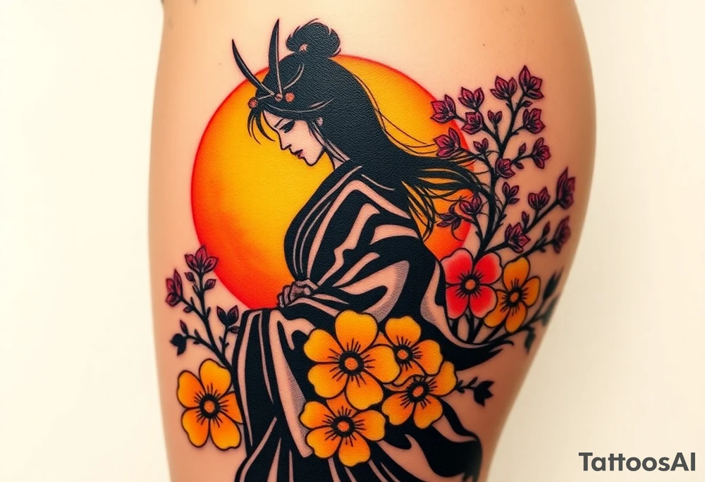 noble female samurai warrior silhouette at sunset with flowers, yellows and reds tattoo idea