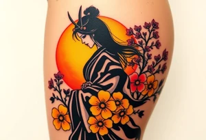 noble female samurai warrior silhouette at sunset with flowers, yellows and reds tattoo idea