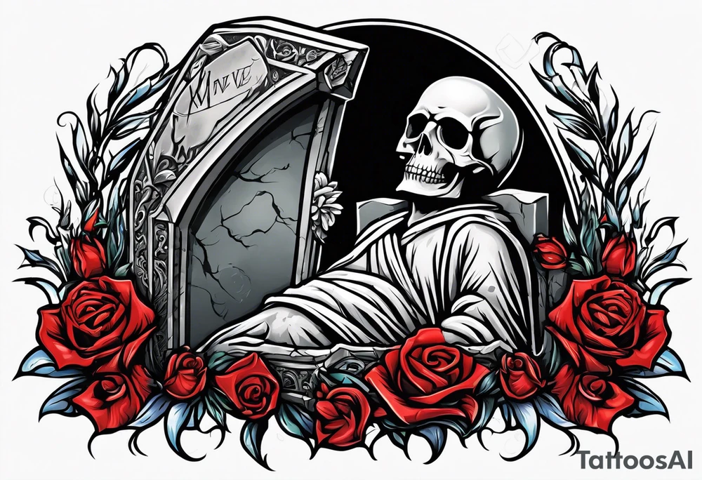 Person emerging from grave. 
MIW Reincarnate written on gravestone tattoo idea
