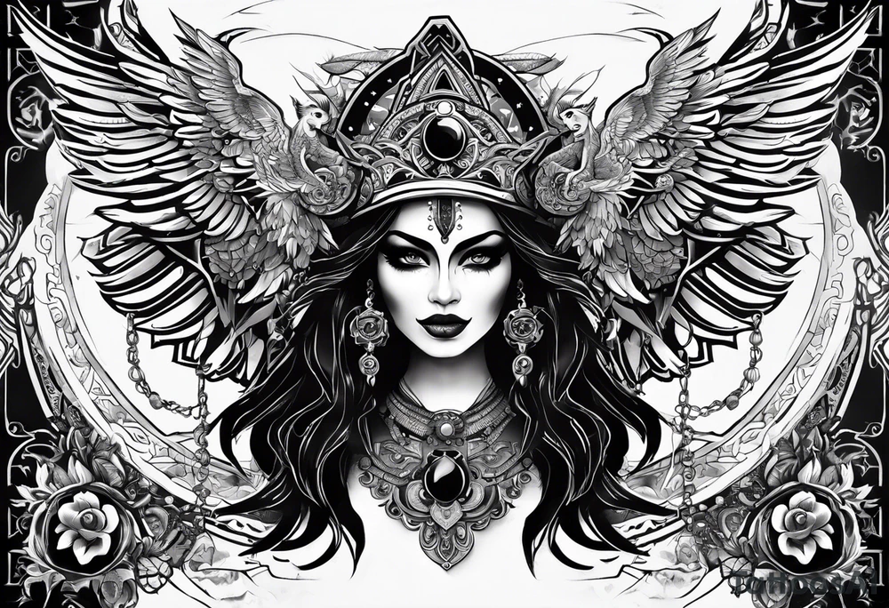 black kali, goddess pirate, alien, pachamama, valkrye, warrior, skull, lotus azul, wing, eagle, zenza resonance, stars, one side chest tattoo idea