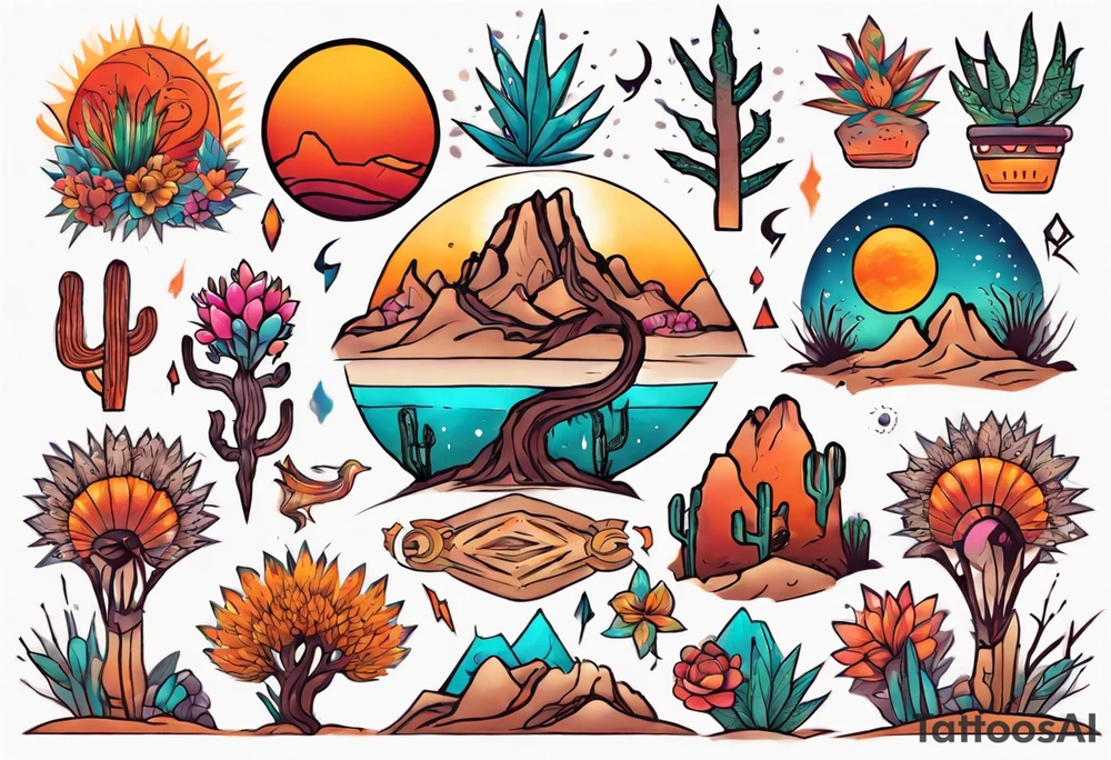 Design a vibrant, colorful, and intricate desert-themed tattoo to cover my chest piece. Incorporate elements like trees, flowers, and animals to create a harmonious and eye-catching composition. tattoo idea