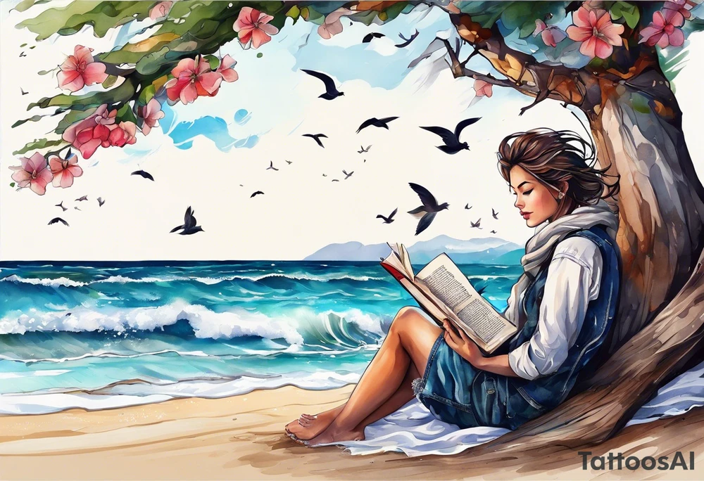 Someone is sitting on the beach reading a book and the pages are flying in the wind, the purpose of the tattoo is to emphasize that just as the pages are flying in the wind, you also have to flip through situations in life tattoo idea