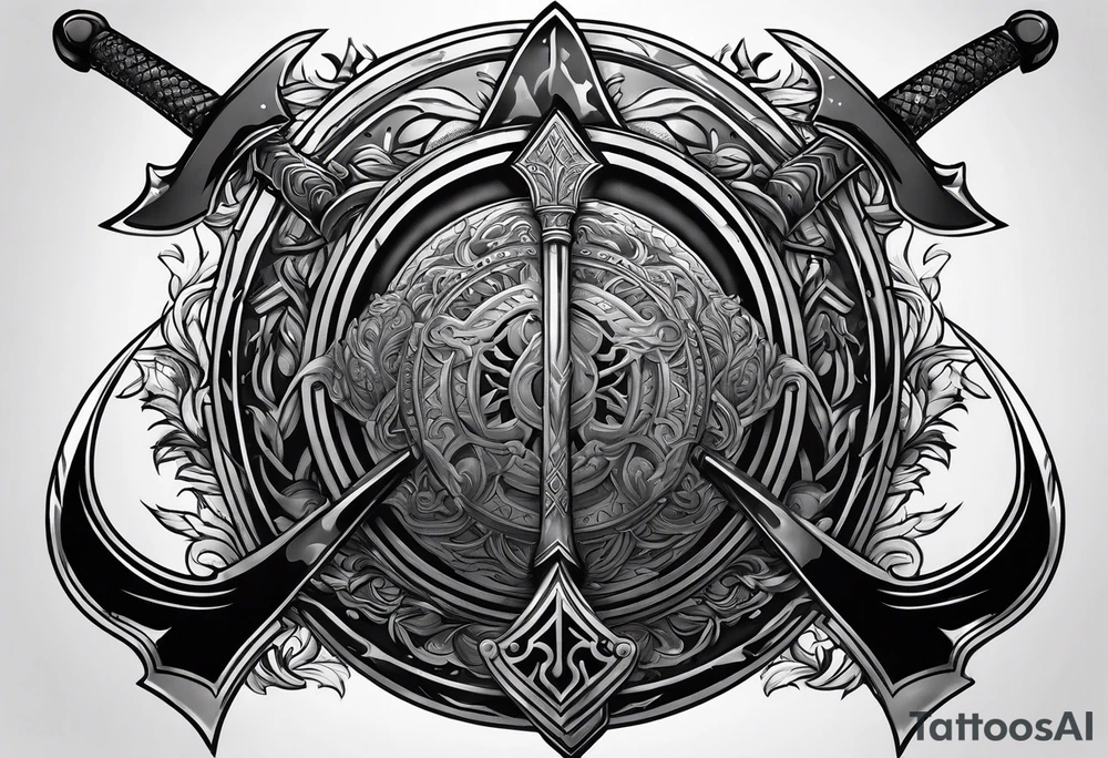 Valhalla sword shield axe mist fog tattoo idea