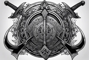 Valhalla sword shield axe mist fog tattoo idea