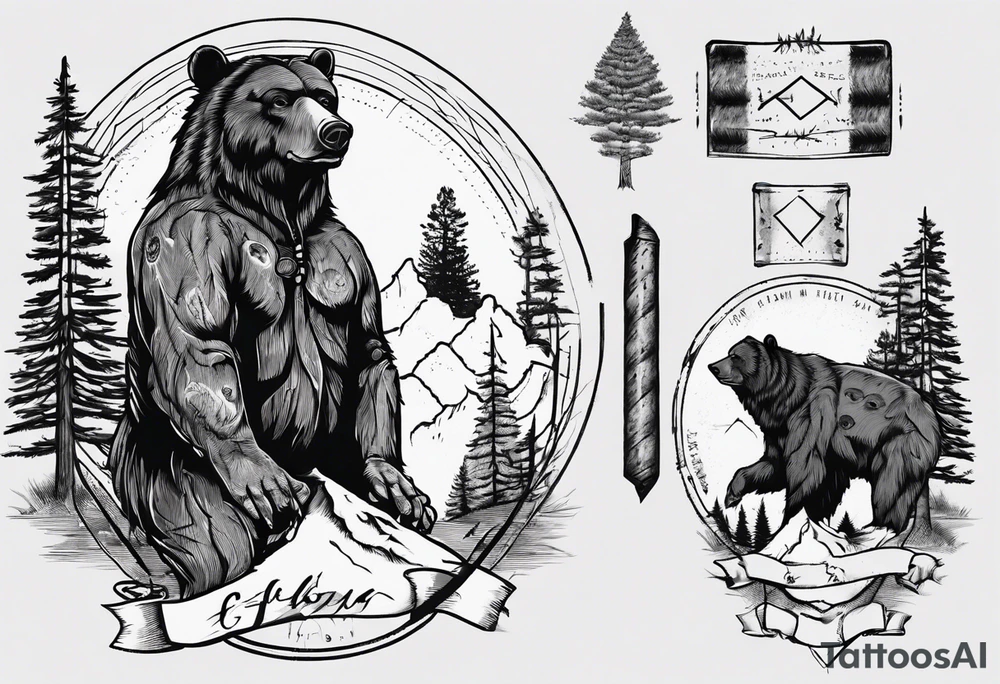 Standing bear fine line with armband.  Pine trees with script.  Add a eye with dot work lines coming out from the eye. tattoo idea