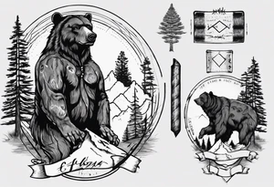 Standing bear fine line with armband.  Pine trees with script.  Add a eye with dot work lines coming out from the eye. tattoo idea