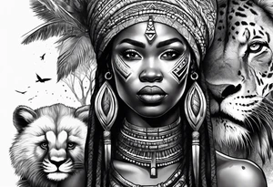 African woman warrior with tribe scars and spear in hand with animals in background tattoo idea