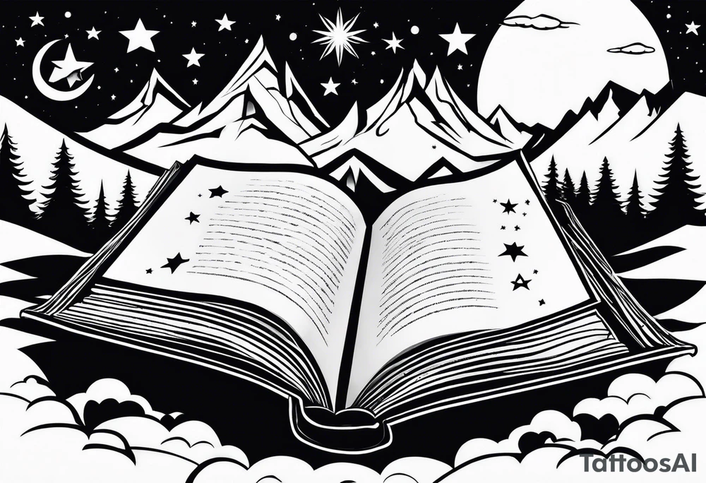 Open book with stars and mountains in a cartoon minimalistic design. Incorporate 'to whatever end' in elvish from lord of the rings tattoo idea