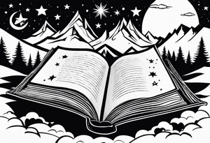 Open book with stars and mountains in a cartoon minimalistic design. Incorporate 'to whatever end' in elvish from lord of the rings tattoo idea