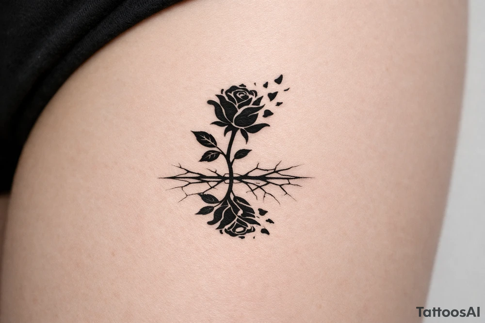 Rose silhouette, shattering petals, mirrored in a cracked surface. tattoo idea